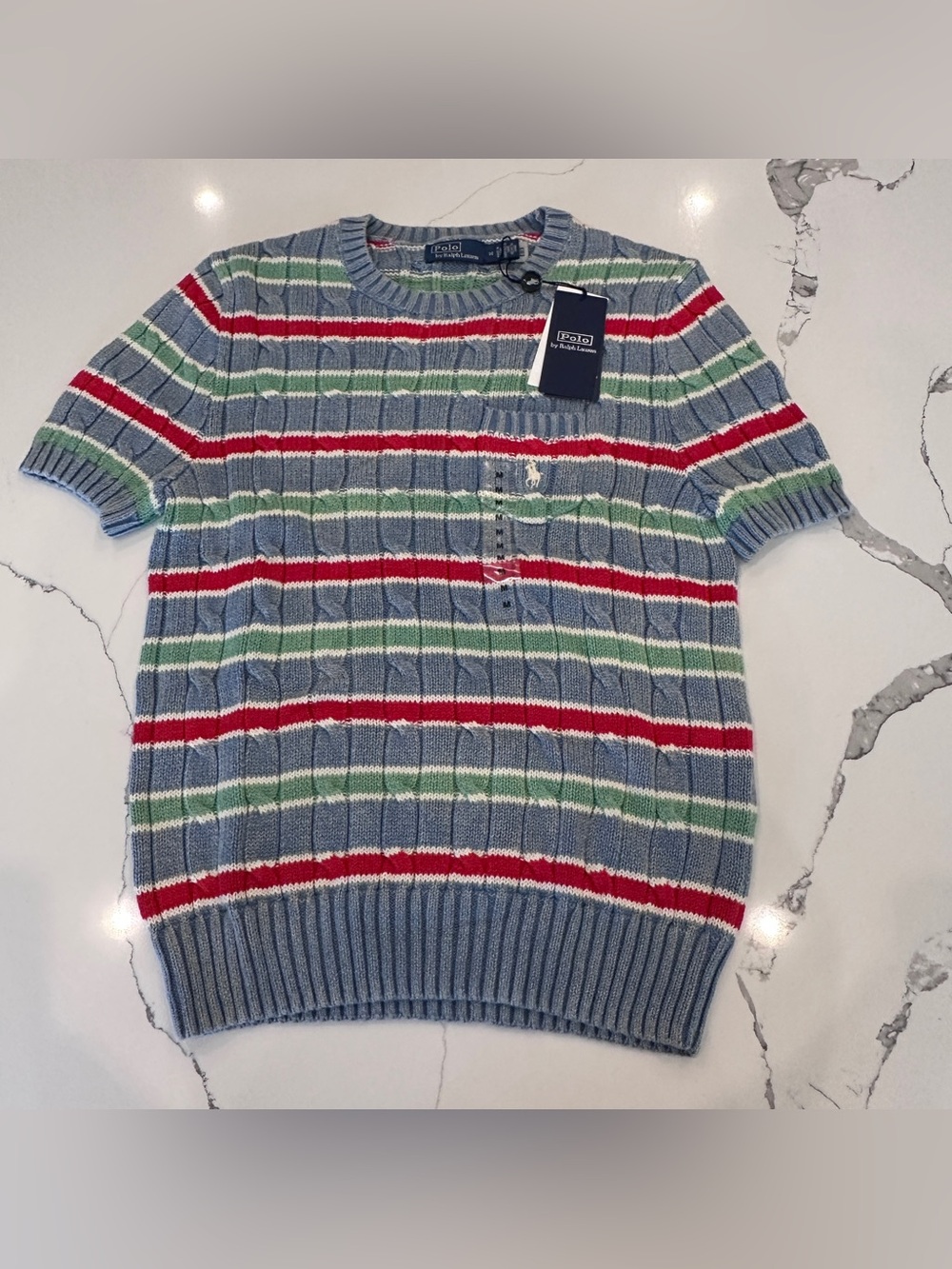 Polo Ralph Lauren Women’s Sweater Cable Knit Short Sleeve Logo Striped Sz M NWT
